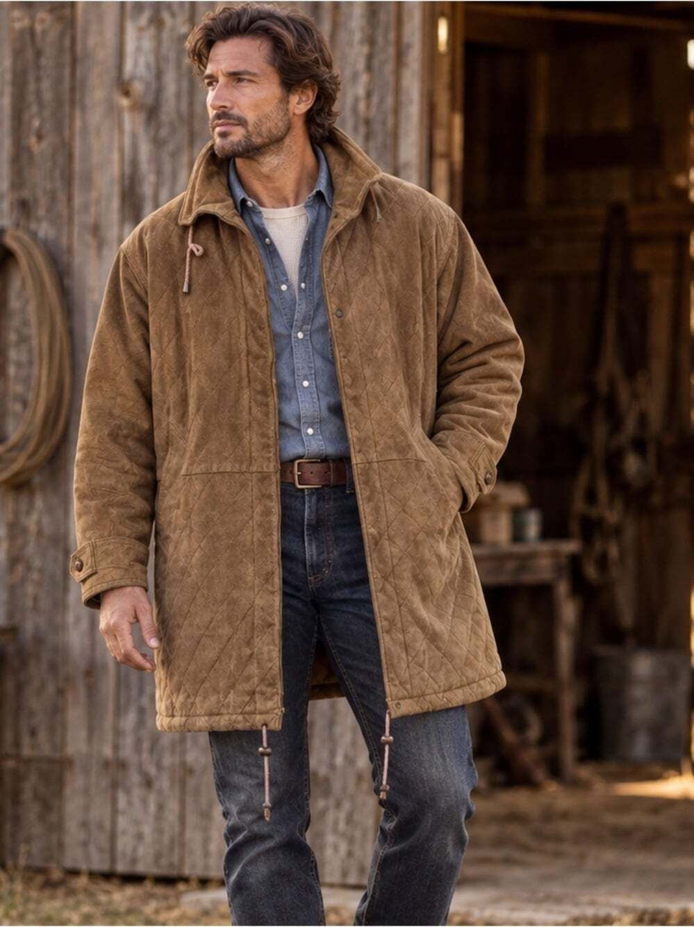 Vintage Genuine Suede Leather Quilted Chore/Car Coat Brown Ranch Western Small